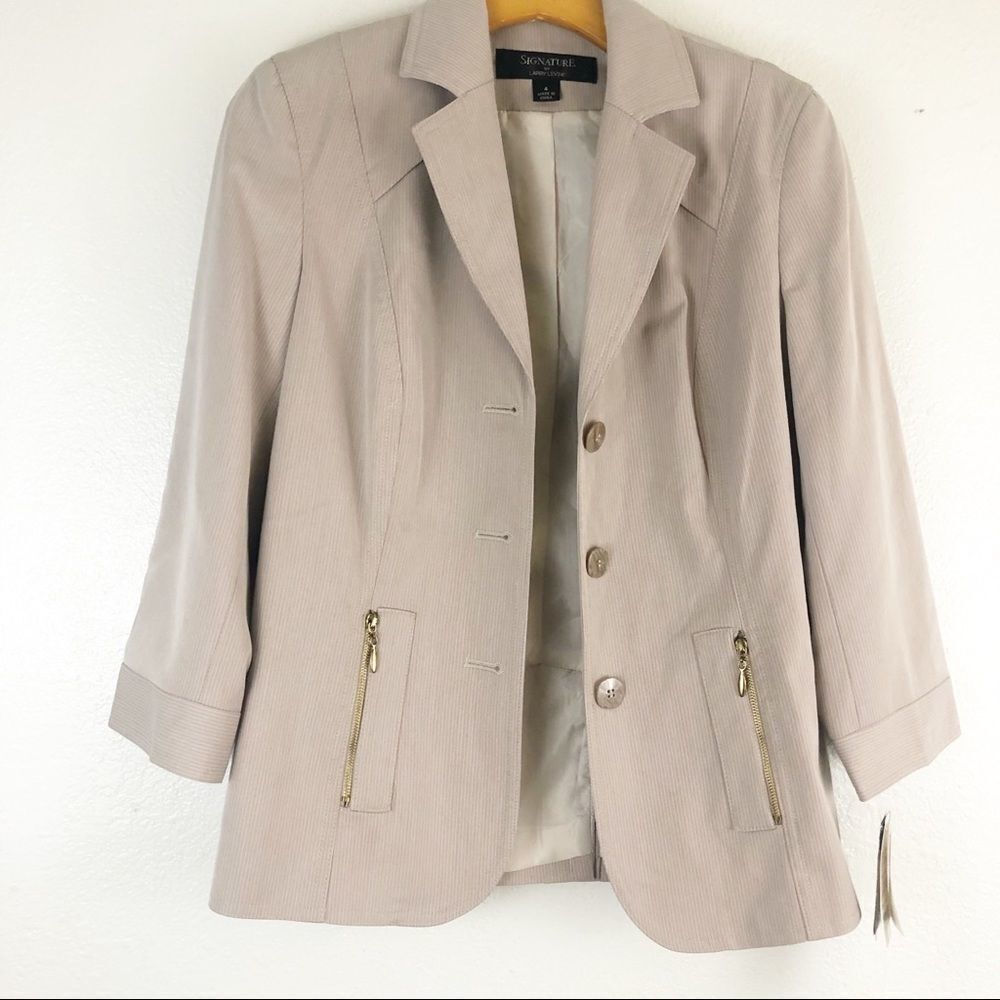 Signature by Larry Levine sand button down zipper pockets Blazer jacket size 4